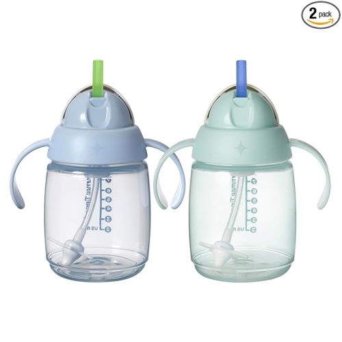 Tommee Tippee Starter Weighted Straw Baby & Toddler 10oz Sippy Cup for 6 Months+, with Silicone Weighted Straw and Easy-Hold Handles, BPA Free, Blue & Green, Pack of 2