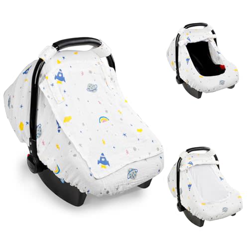 Hooyax Muslin Car Seat Cover Baby, Summer Car Seat Covers for Babies, Infants, and Newborns, Ultra Soft Breathable Universal Fit Stroller Carseat Canopy Covers for Boys Girls (Planet)