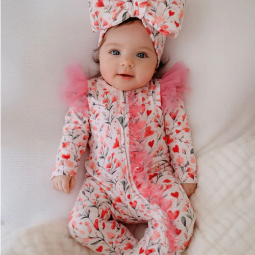 Before & Ever Newborn Double Zip Onesie - Valentine's Floral Baby Girl Clothes for Newborn - Pink