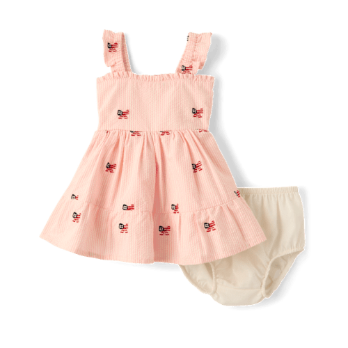Baby Girls Embroidered Flag Seersucker Tiered Dress - Nantucket Charm - Cream