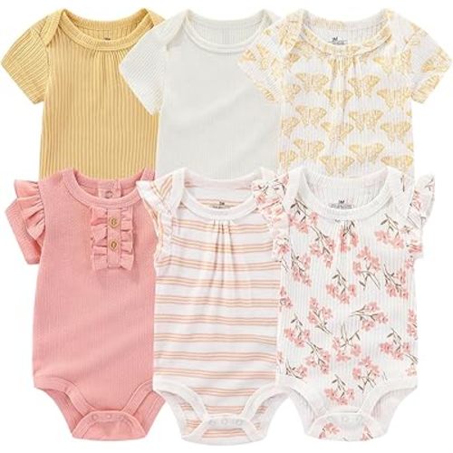 Baby Bodysuit 6 Pack Soft Mixed Ribbed Short Sleeve Romper Infant Boy Girl Clothes Set