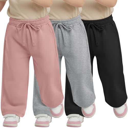 Ficerd 3 Pack Toddler Girls' Wide Leg Sweatpants 18M-5T High Waist Loose Pants Baby Drawstring Baggy Bottoms with Pockets