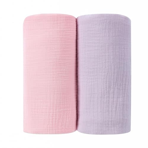 DaysU Muslin Baby Swaddle Blanket, Cotton Swaddling Blankets for Baby Boy and Girl, Nursery Skin-Friendly Baby Receiving Blanket for Newborns, Breathable Swaddle Wrap 2 Pack, 47”x47”-Pink+Lilac
