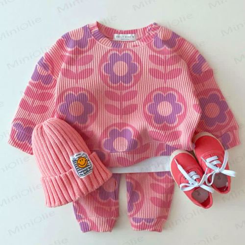 Baby Waffle Purple Pink Flowers Sweatshirt 2-piece Set