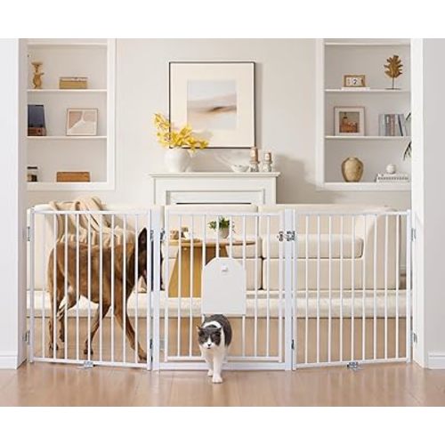 No Pawblems Free Standing Dog Gate with Cat Door, 30'' Tall Foldable Dog Fence for Indoor & Outdoor, Up to 78 Inch Extra Wide Puppy Gate for Stairs, Hallways, Doorways, Deck, Yard (White, 3 Panels)
