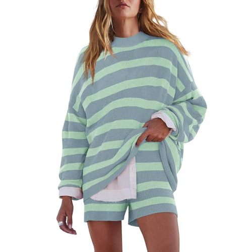 LAMISSCHE Womens Oversized Lounge Sets 2 Piece Outfits Striped Matching Pajama Set Long Sleeve Sweater Set