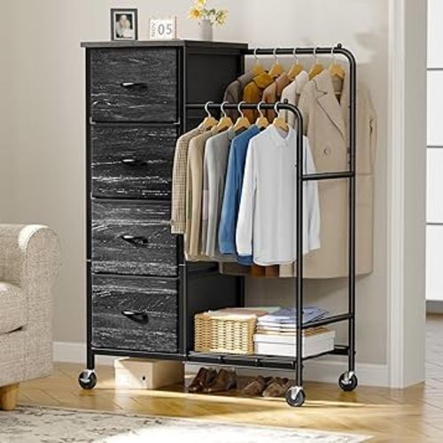 47.3" H Dresser with Hanging Rack, 4 Fabric Drawers with Double Clothes Rack & Wheels, Tall Closet Organizer Dresser for Bedroom, Entryway, Black, 15.8" D x 29.9" W x 47.3" H