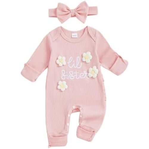 Honganda Newborn Girl Clothes Baby Girl Coming Home Outfit Long Sleeve Little Sister Jumpsuit Lil Sis Romper with Headband