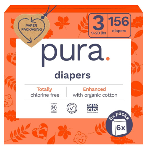 Pura Hypoallergenic Diapers, Size 3 (9-20 lbs) Monthly Pack, Overnight, up to 12 Hours Leak Protection, Suitable for Sensitive Skin, TCF, Super Soft Organic Cotton, 6 Packs of 26 (156 Baby Diapers)