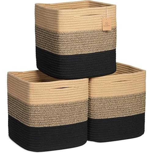NaturalCozy Storage Cubes 11 Inch Cotton Rope Woven Baskets for Organizing, 3-Pack | Cube Storage Bin | Square Storage Baskets for Shelves Organizer, Classroom, Kids Toy Bins, Closet, Baby Nursery