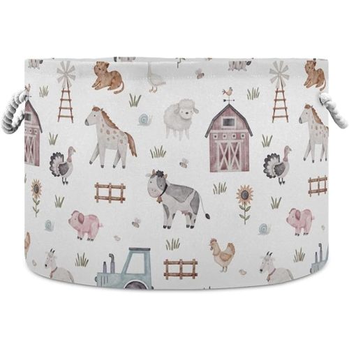 Burbuja Farm Animals Round Storage Basket with Cotton Rope Handles, Laundry Basket for Blankets, Nursery, Living Room Decoration
