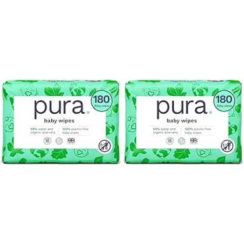 Pura Baby Wipes 3 x 60 per pack (180 Wipes) 100% Plastic-Free & Plant Based Wipes, 99% Water, Suitable for Sensitive & Eczema-prone Skin, Fragrance Free & Hypoallergenic, EWG, Cruelty Free (Pack of 2)
