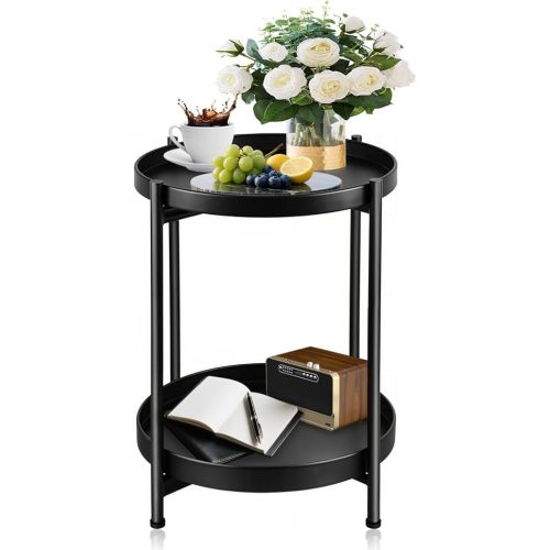 Foldable 2-Tier Round Side Table, Metal End Table with Storage for Indoor Outdoor Use, Small Coffee Table for Living Room, Bedroom, Patio, Black​