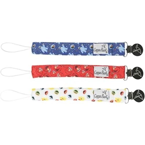 Copper Pearl Pacifier Holder 3-Pack: Premium Knit Binky Clips for Baby Girls and Boys - Stylish Stainless Steel Holder - No More Floor Drops - Elmo Design