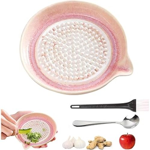 Gradient Ceramic Grater Plate – Handcrafted Multifunctional Grater for Ginger, Garlic,Cheese, Chocolate, Fruits & Vegetables – Unique Kiln-Fired Glaze, Easy-Pour Spout Includes Cleaning Brush (Pink)