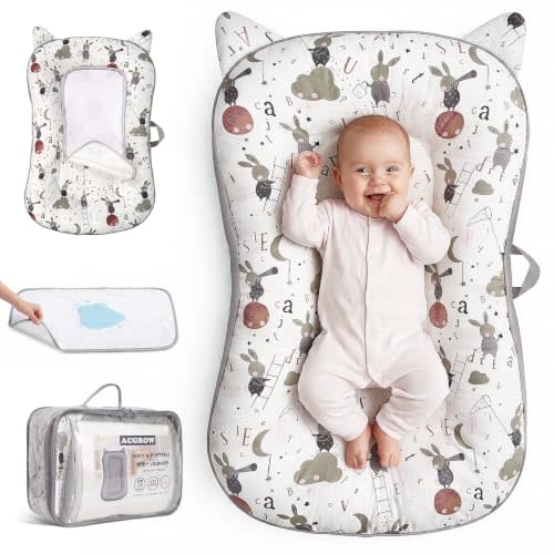 Baby Lounger for Newborn 0-24 Months, Cotton Infant Support Cushion | Breathable Soft Tummy Time Mat, With Waterproof Pad, Machine Washable, Cozy Bionic Design, Portable for Home and Travel