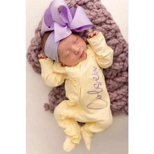 yellow baby girl coming home outfit, monogrammed coming home outfit, sk creations, zip footie, ruffle outfit,