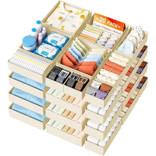 DIMJ Drawer Organizer Clothes Storage - 30 Pack Baby Dresser Organizer for Nursery, Small Fabric Closet Drawer Organizer Bins for Underwears Socks, Foldable Storage Dividers Organization for Bedroom