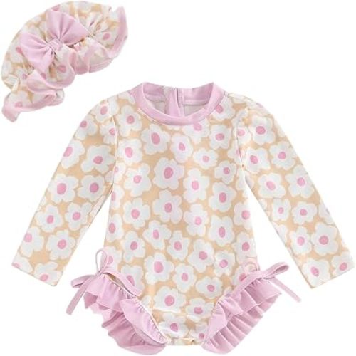Baby Girl One-Piece Swimsuit Rash Guard Toddler Infant Zipper Long Sleeve Swimwear+Hat Bathing Suit Swimwear