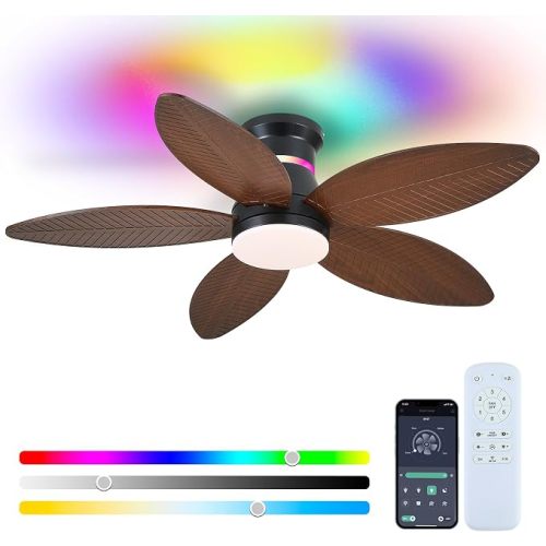Tropical Palm Leaf RGB Ceiling Fans with Lights 46”, Brown Flush Mount Ceiling Fan with Light and Remote, 3CCT Dimmable LED&&Side RGB Light, Reversible 6 Speeds, Quite Low Profile Ceiling Fan Party