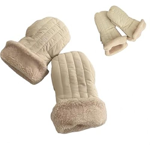 Winter Baby Stroller Hand Muffs, Waterproof Windproof Warm Gloves with Lamb Wool Lining, 12x6 Inch Oversized Stroller Handle Warmers with Magic Tape (Light Khaki)