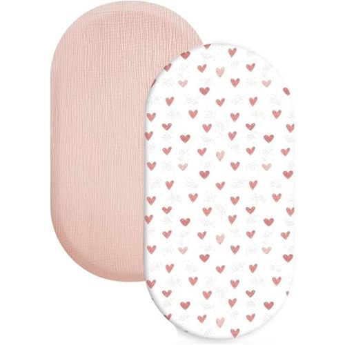 Muslin Bassinet Sheets 2-Pack - 100% Cotton Fitted Crib Sheets for Baby Boys & Girls, Soft Breathable Mattress Cover (33"X17") Fits Oval Bassinets (Cotton Heart)
