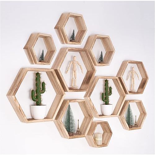 WONFUlity Hexagon Floating Shelves - Honeycomb Wall Mounted Wood Farmhouse Storage for Bathroom, Kitchen, Bedroom, Living Room - Driftwood Finish Decor, Light Brown