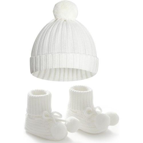 Baby Hats and Booties Set Newborn Knit Pompom Beanie Caps Shoes Winter | Infant Boys Girls Beanie and Booties Set,Cute Baby Beanies Pom Pom,Warm Knitted Two Piece Sets,Unisex Baby Gifts