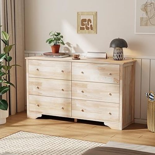 VINGLI 57" Unfinished Solid Wood Dresser for Color DIY, 6 Drawer Long Chest with Drawers, Natural Rubberwood, 57" W*17.7" D*33" H