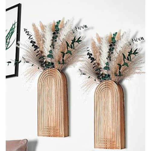 Set of 2 Wooden Vases with Pampas Grass and Eucalyptus – Boho Decor for Living Room, Modern Farmhouse Entryway or Bathroom, Rustic Art for Home Decoration
