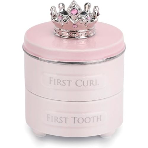 DEMDACO Pink Princess Crown First Tooth and Curl Keepsake Box, Ceramic