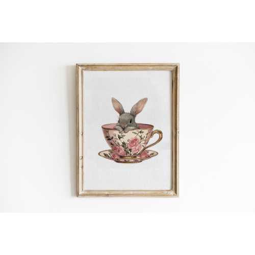 Cottagecore Bunny Nursery Art Pink Floral Nursery Tea Cup Print Whimsical Girl Nursery Decor Woodland Rabbit Print Baby Room Decor VBC11-A1