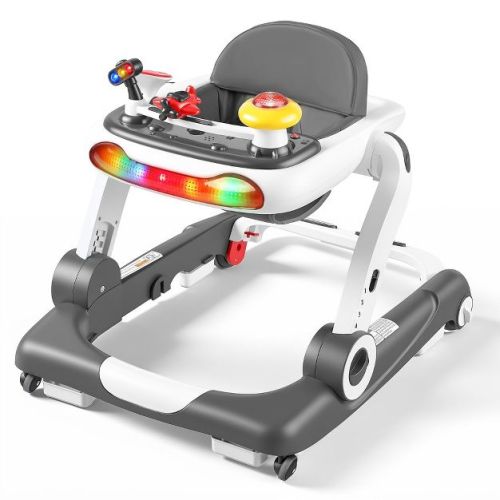 Kinder King 5-in-1 Baby Walker with Music & Lights, Activity Walker for Toddler, Adjustable Height, Safety Bumper, Gray