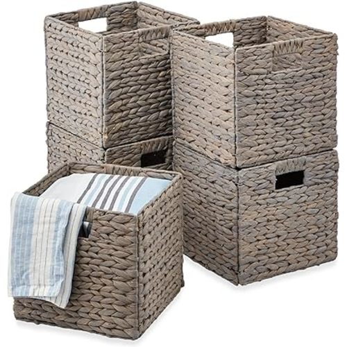 Best Choice Products 10.5x10.5in Pack of 5 Cube Storage Baskets, Water Hyacinth Multipurpose Collapsible Organizers, Handwoven Laundry Totes for Laundry, Living Room, Kids Room & Nursery - Gray