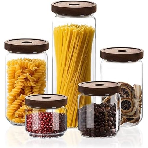 PENGSHU Glass Jars with Airtight Wood Lids - Small Large Kitchen Pantry Storage Containers, Canisters for Spaghetti, Noodles, Pasta, Ground Coffee, Sugar, Cereal, Spice, Salt, Salad, Matcha, Set of 5