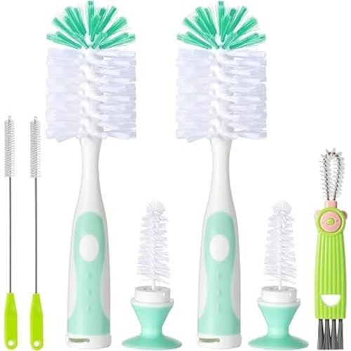 Baby Bottle Brush Set, 2Pcs Nylon Bottle Brush with Stand, 2 Hidden Nipple Brush, 2 Straw Brush, 1 Lid Brush, Bottles Brush Cleaner for Baby Bottle, BPA-Free(Green)