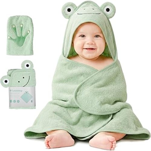 CuddleBug Premium Hooded Baby Bath Towel & Washcloth Set (Frog) - 100% Cotton Terrycloth Hooded Baby Towels for Newborn & Toddler, Super-Soft & Absorbent, Newborn Essentials (30" x 30") - Sage Green