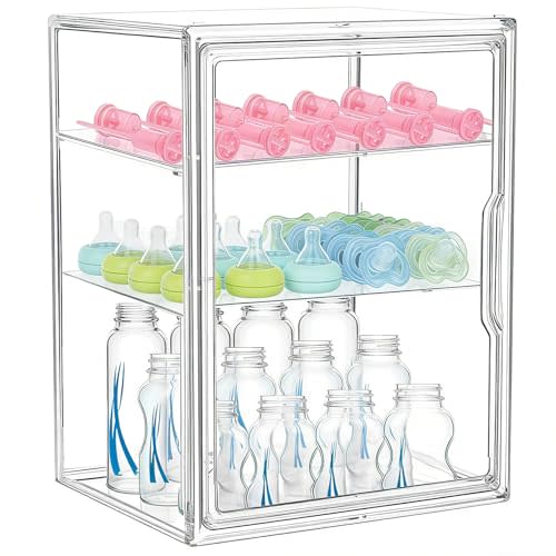 Baby Bottle Organizer for Countertop 3 Tier Bottle Storage Holder Baby Bottles Station Organization Acrylic Case Container with Magnetic Door and Handle for Bottles,Nipples and Pump Accessories Clear
