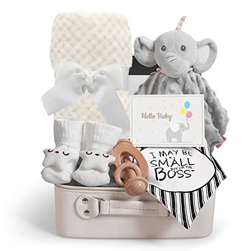 iAOVUEBY Baby Shower Gifts, Baby Boy Gifts, Christmas Baby Gift Set for Newborn Essentials Baby Blanket Elephant Lovey Wooden Rattle, Infant Bibs Socks & Greeting Card, Gender Reveal Gift Basket