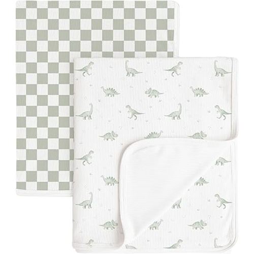 Konssy Knit Baby Blanket 2 Pack, Soft Ribbed Swaddle Receiving Blankets for Boys & Girls, Lightweight Cozy Warm Crib Blanket for Newborns, Infants, & Toddlers, 33x42 Inch (Baby Green Plaid,Green Dino)