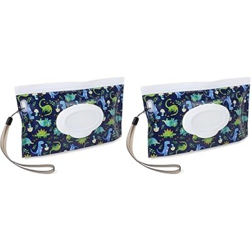 Itzy Ritzy Reusable Wipe Pouch – Take & Travel Pouch Holds Up to 30 Wet Wipes; Includes Silicone Wristlet Strap; Raining Dinosaurs (Pack of 2)