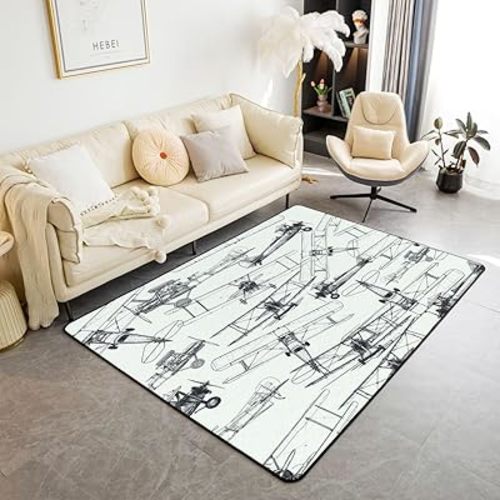 jejeloiu Airplane Area Rug 5x7 Inch Kids Flight Indoor Floor Mat for Toddler Travel Grid Print Living Room Rugs Aircraft Grey and White Accent Rug