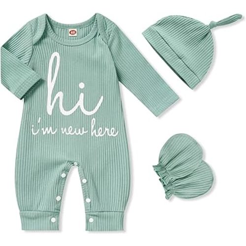 GRNSHTS Newborn Baby Boy Romper Coming Home Outfits Letter Print Bodysuit Jumpsuit+Hat+Gloves 3PCS Clothes Set