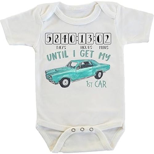 Witty and Bitty Countdown Until My First Car in Teal Classic Car Onesie/Bodysuit