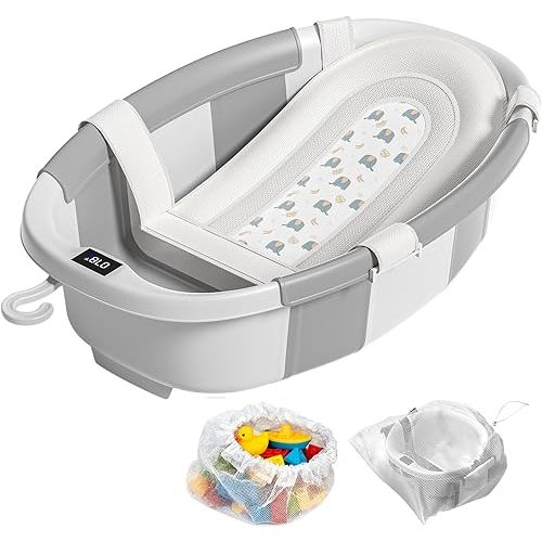 Collapsible Baby Bathtub, Baby Tubs for Newborns with Soft Cushion & Thermometer & Toy Organizer Mesh Bag, Infant Bathtub to Toddler 0-36 Months, Portable Travel Newborn Baby Bathtubs (Grey)