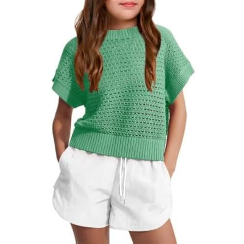 Haloumoning Girls Short Sleeve T Shirt Crewneck Knit Crop Top Hollow Out Pullovers Sweater 5-14 Years