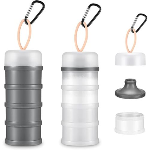 2 Pcs Protein Powder Container with Stackable Design, Portable Dispenser with Keychain, 4-Tier Leakproof Travel Powder Storage for Workout, Fitness, and Travel (Grey White)