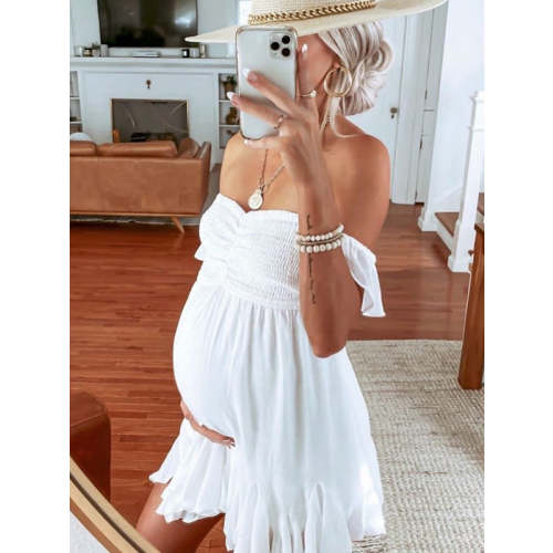 Momyknows Elegant White Flowy Cascading Ruffle Ruched A-Line Falbala Irregular Holiday Baby Shower Daily Maternity Mini Dress
