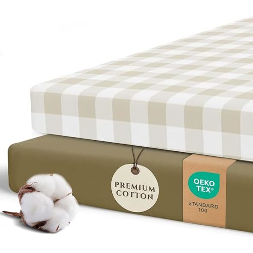 Pobibaby – 2 Pack Crib Sheets for Boys, Premium Fitted Baby Boy Crib Sheets for Standard Crib Mattress – Ultra-Soft Jersey Knit, Safe and Snug, Stylish Design (Gingham Khaki)