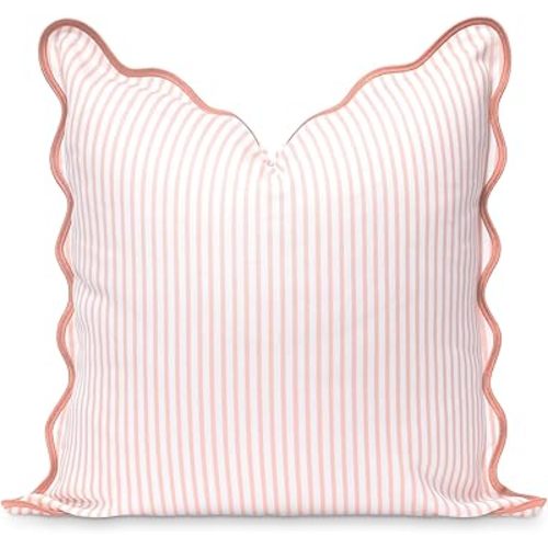 Hofdeco Premium Coastal Patio Indoor Outdoor Scalloped Throw Pillow Cover Only, 20"x20" Water Repellent for Backyard, Couch, Blush Pink Print Stripes